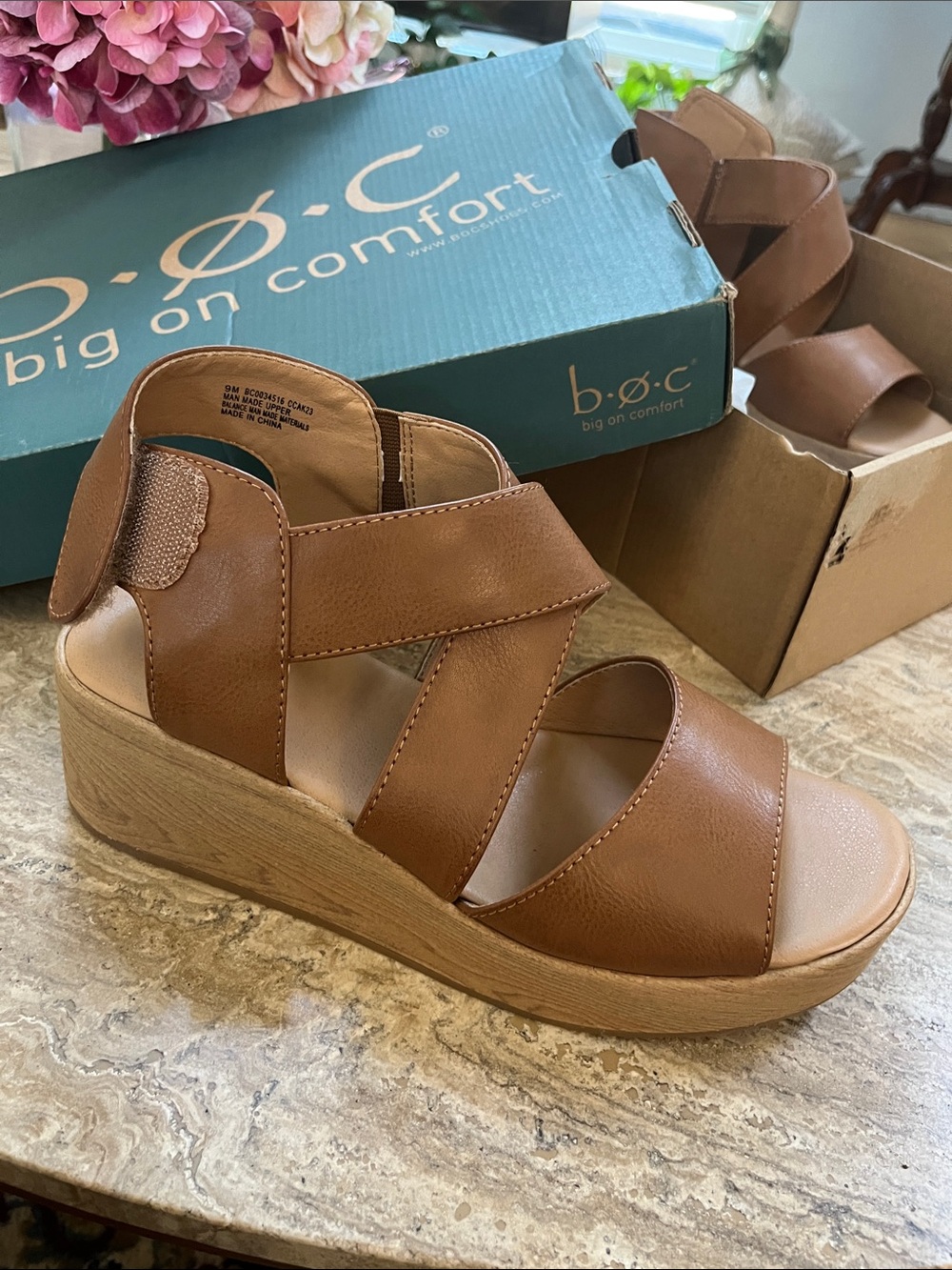 b.o.c. Shola Tan Brown Leather Wedge Sandals with Crisscross Straps
